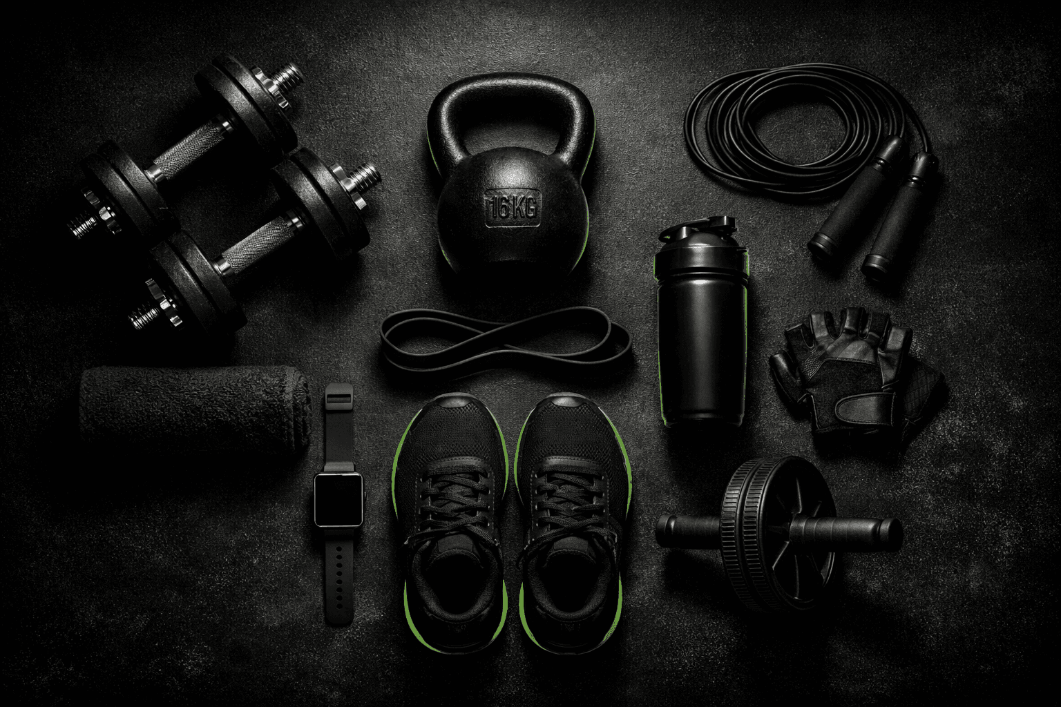 Gym equipment laid out on dark background